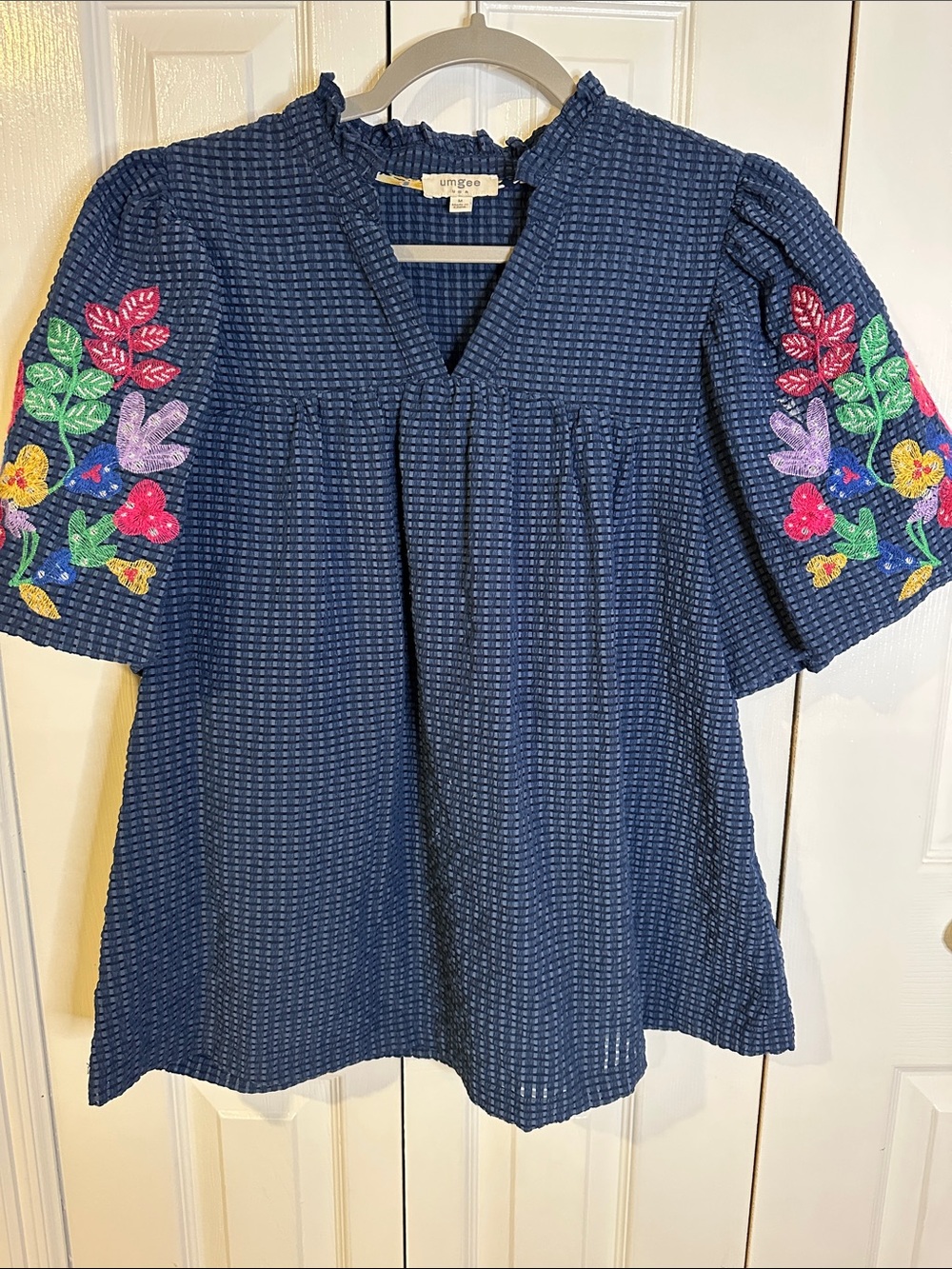 Umgee Navy Textured Dress with Multicolor Floral Embroidery Sleeves
